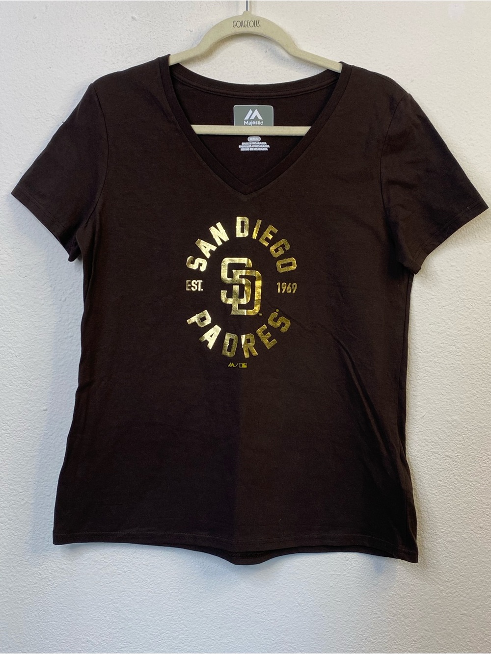 Majestic San Diego Padres Women's M V-Neck Cotton T-Shirt Brown Gold Retro Coast